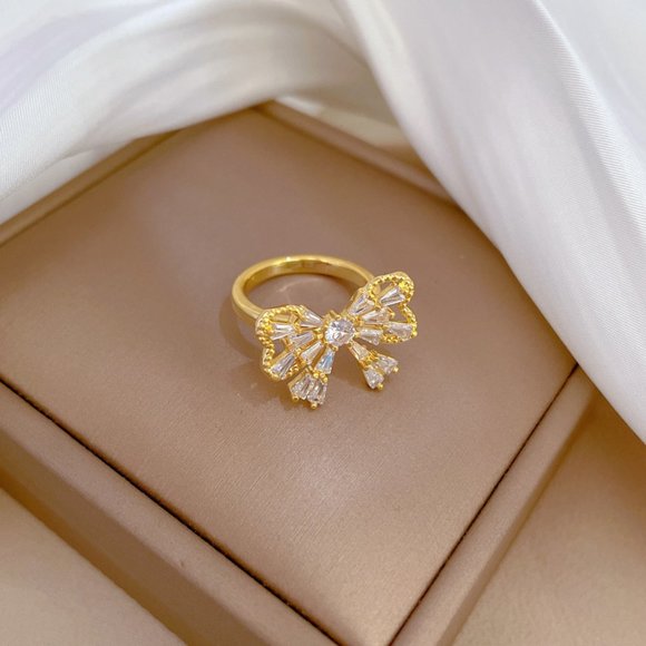 3/$35 Gold Plated Bow Knot Ring with Cubic Zirconia Crystal Adjustable Dainty - Picture 6 of 7